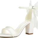 Pearl Heels Wedding Shoes for Bride Block Heel Bridal Shoes Bow Tie Heeled Sandals Wedding Heels (8, Ivory)