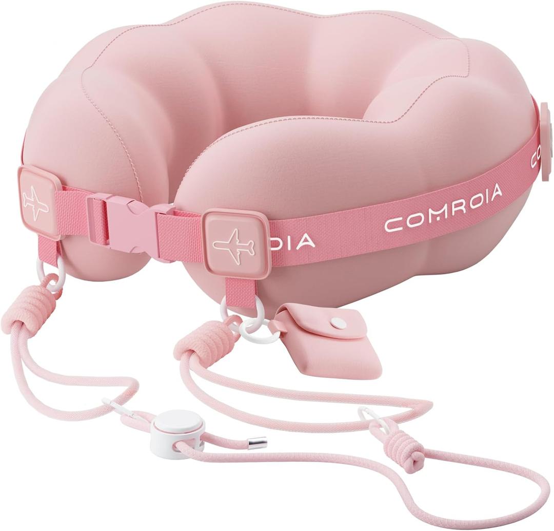 Travel Neck Pillow for Airplane Sleeping  360 Head Support Prevents Bobbing, 100% Memory Foam Ergonomic Neck Cushion with No-Case-Needed Carry Strap for Long Flights & Car  Washable Cover (Pink)