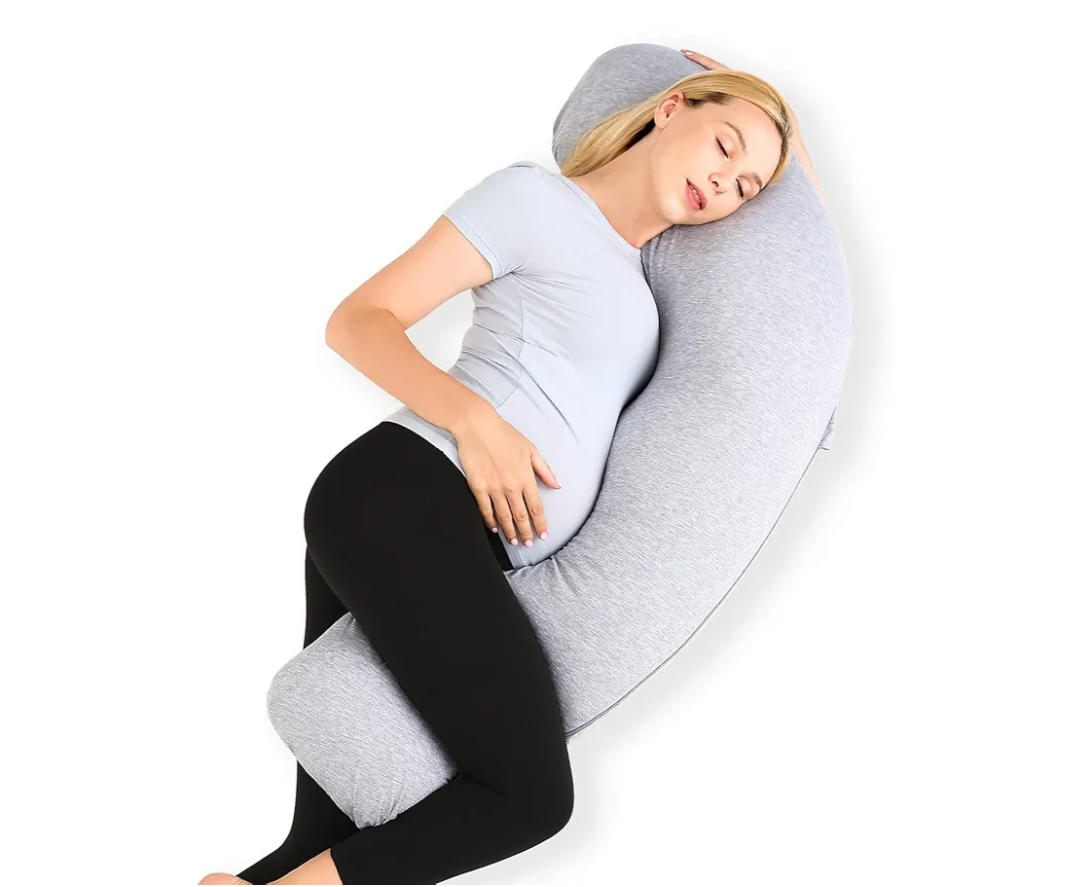 Momcozy Pregnancy Pillows for Side Sleeping, J Shaped Maternity Body Pillow for Pregnancy, Soft Pregnancy Pillow with Jersey Cover for Head Neck Belly Support, Grey