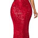 VERWIN Sleeveless Halter Neck Sparkly Casual Party Cocktail Evening Bodycon Mermaid Maxi Sequins Dress (Red, S)