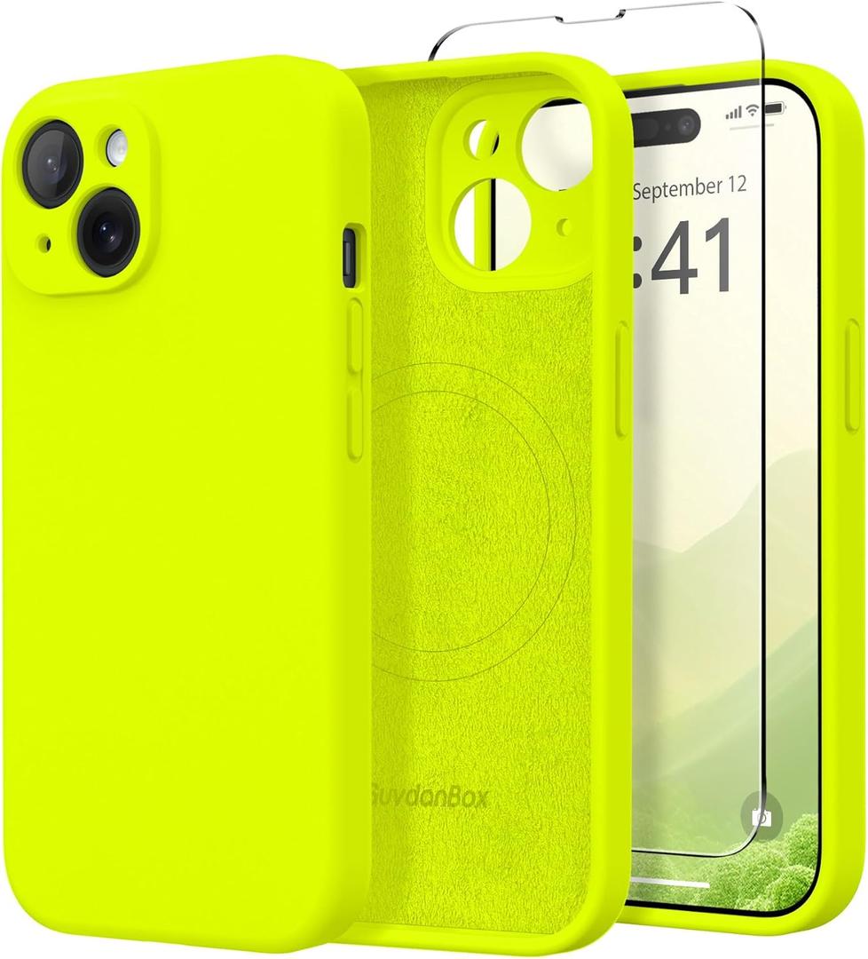 Magnetic for iPhone 15 Case, Compatible with MagSafe, [Screen Protector + Full Camera Protection], Silicone Shockproof Anti-Scratch Protective Phone Case for iPhone 15, Fluorescent Green