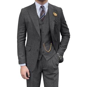 Retro Mens 3 Piece Suit Tweed Herringbone Slim Fit Suits Groomsmen Brown Tuxedos Set Prom Jacket Blazer Vest Pants for Men (Large, Grey)