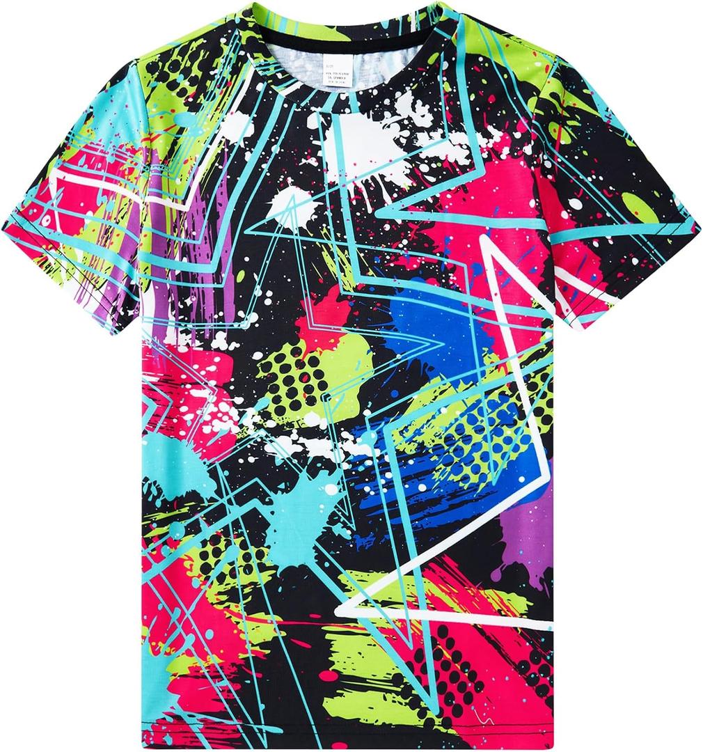 RAISEVERN Boys Neon Shirts Summer Short Sleeve 3D Print T-Shirts Crewneck Cool Tees Tops Girls Shirt Clothes, Size: 13-14 T