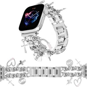 Stylish Wristband Compatible with Apple Watch Bands 38mm 40mm 41mm 42mm 44mm 45mm 49mm 46mm,Replacement Strap with Unique Pendants for iWatch Series 11 10 9 8 7 6 5 4 3 2 SE Ultra Metal Chain Charms Women (Silver+Silver Leather)