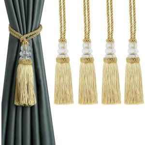 Curtain Tiebacks with Tassel, Outdoor Elegant Decorative Curtain Holdback,Modern Rope Window Curtain Ties Backs for Draperies (4, Gold)