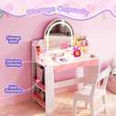 Teckid Kids Vanity Table and Chair Set with Lights, Toddler Vanity Desk for Girls, Princess Makeup Vanity for Kids with Storage Shelves, Open Bookshelf and Stools, White, Small