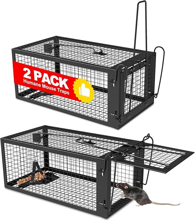 2 Packs Humane Rat Trap Outdoor Mouse Traps Indoor Use, Rodent Chipmunk Traps for Small Live Animal Catch and Release  Black