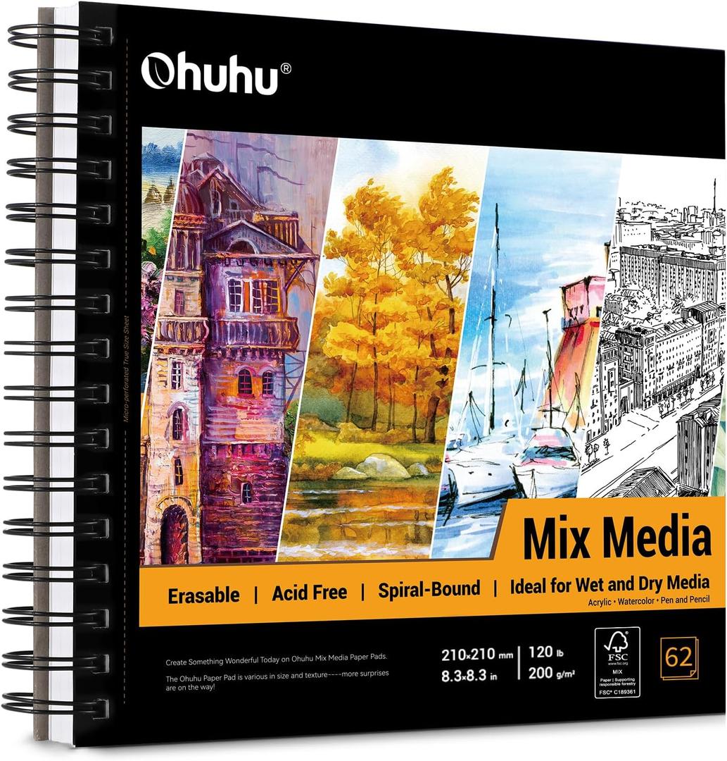 Ohuhu Mix Media Pad, 8.3" x 8.3" Mixed Media Art Sketchbook, 120 lb/200 GSM Heavyweight Papers, 62 Sheets/124 Pages, Spiral Bound Mix Media Paper Pad for Acrylic, Painting, Christmas Gift