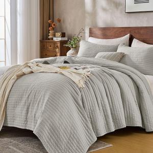 DOWN HOME Queen Quilt Bedding Set with Shams, Vintage Washed Soft Quilted Blanket Thin Comforter Lightweight Bedspread Coverlet Bed Cover, Brushed Microfiber Stripe Stitching, Light Gray, 86"x90"