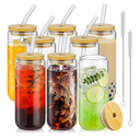 20 Oz Drinking Glasses with Bamboo Lids and Glass Straw - 8 Pcs Glass Cups Beer Ice Coffee Glasses Cute Aesthetic Cup Great for Coffee Bar Accessories Include 2 Cleaning Brushes