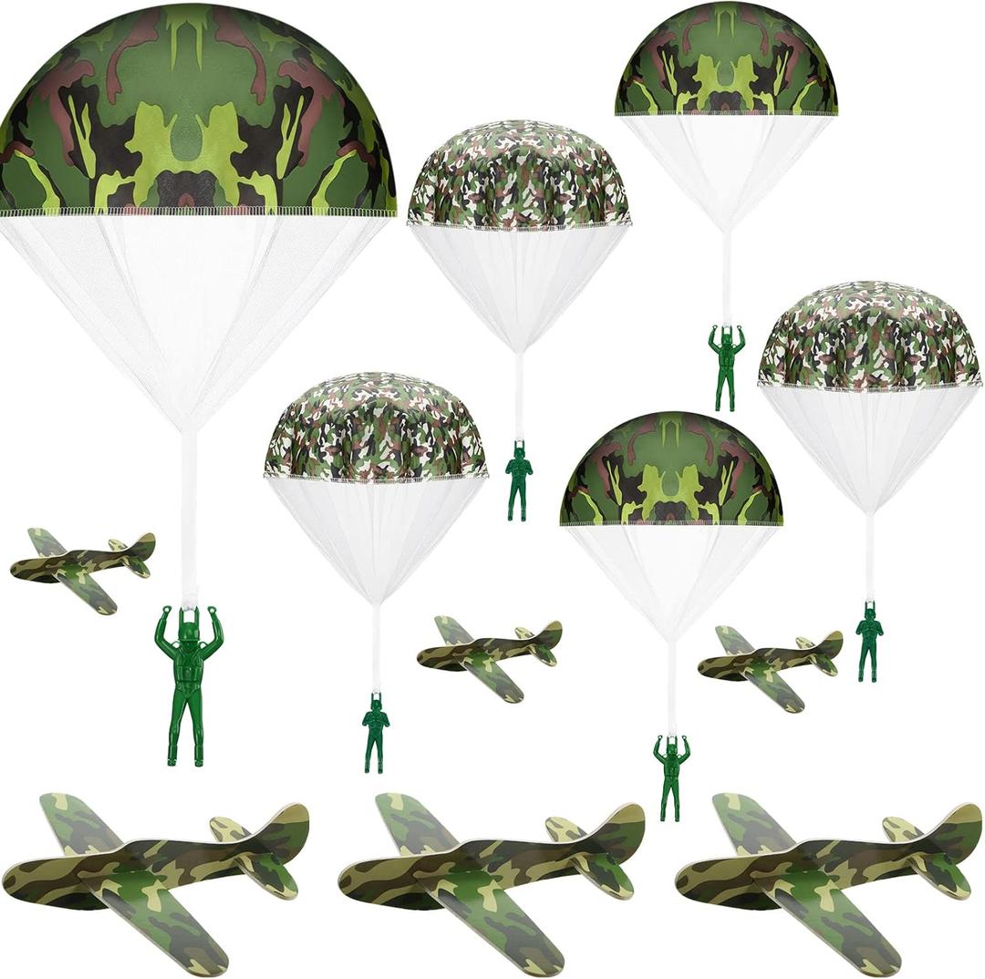 Jerify 10 Pcs Parachute Toys and 10 Pcs Camouflage Foam Airplanes Bulk Camo Parachute Army Men Toys and Foam Glider Flying Gifts