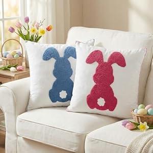 Hahafelt 2 Pcs Easter Throw Pillow Cover 18x18 Bunny Rabbit Velvet Embroidered Decorative Pillow Cases Rose Blue Soft Plush Bunny Square Cushion Cover for Spring Easter Sofa Couch Bedroom Decor Gift