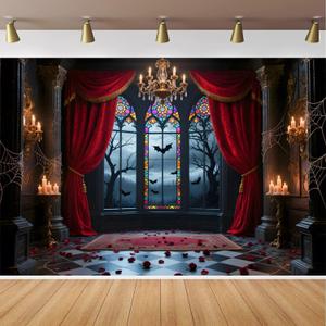 Halloween Photography Backdrop 8x6FT Halloween Vampire Medieval Castle Photography Background Gothic Window Red Curtain Bats Backdrops Haunted House Party Decor Photo Props