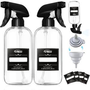 Veco 300mL (10oz) 360 Spray Bottles, 2-Pack  Adjustable Nozzle, Leak-Resistant spray bottles for Cleaning, Plants, Hair & Pet Use + Foldable Funnel