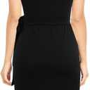 Women's Vintage Cap Sleeves Asymmetrical Neckline Sheath Bodycon Casual Work Cocktail Party Pencil Faux Wrap Dresses (Black, L)