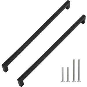 Cabinet Pulls Matte Black Cabinet Handles Square Drawer Pulls, 2 Pack 15 Inch Stainless Steel Kitchen Door Cupboard Cabinet Handles, Drawer Hardware Handles, 384mm Hole Centers