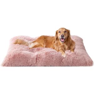 EHEYCIGA Fluffy Dog Crate Bed, Plush Extra Large Dog Pillow, Pink Xlarge Calming Anti Anxiety Plush Faux Fur Mat for Large size dogs, Washable Soft Warm Dog Pad with Non-Slip Bottom, 41 x 27.5