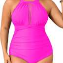 Aqua Eve Women Plus Size One Piece Bathing Suits Ruched Tummy Control Swimsuit High Neck Mesh Swimwear Hot Pink, 18W