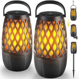 Outdoor Bluetooth Speakers Waterproof Wireless Outdoor Speakers with Flame Lights, Tech Gadgets Gift for Men Dad Her, Multi-Sync up to 100 Speakers, HD Stereo Sound, IPX5 for Patio Porch Party, 2 Pack