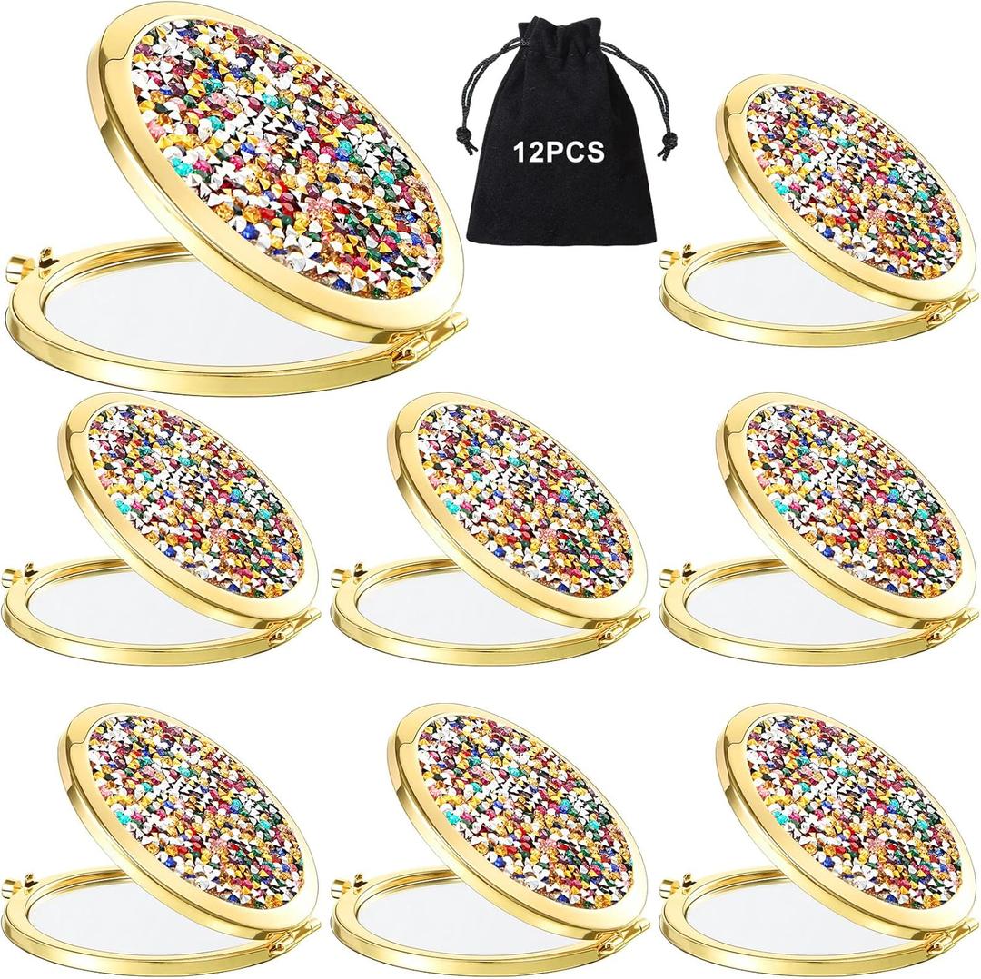 Cindeer 6 Pcs Small Compact Mirror Folding Pocket Makeup Round Hand Held Cosmetic Magnifying Compact Rhinestone Mirror with 1X/2X Magnification for Women Girls Travel (Gold)