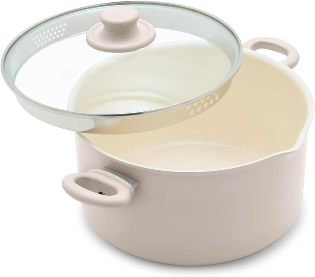 GreenLife 6QT Ceramic Nonstick Stockpot with Glass Straining Lid, PFAS-Free, Dishwasher Safe, Stay-Cool Handles, Oven Safe to 350F, Wobble-Free Base, Even Heating, Taupe