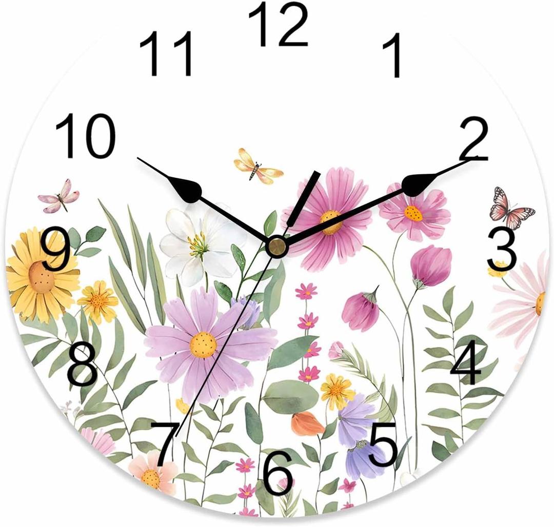 Wildflower Butterfly PVC Wall Clock Silent Non-Ticking Battery Operated Clocks, Spring Floral Round Clock for Home Living Room Office School Kitchen Bedroom Bathroom Wall Decor 10 Inch Summer Flowers (White)