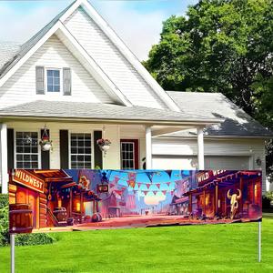 Wild West Party Banner 118x20 Inch Western Town Backdrop with Cartoon Cowboy Street Design for Country Theme Party Ranch Birthday Bar Saloon Decor Western Garden Fence Banner