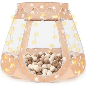 Pop Up Princess Tent with Star Light, Toys for 1 2 3 Year Old Girl Birthday Gift, Ball Pit for 12-18 Months Baby Girl Gifts Toddler Toys, Easy to Pop Up and Assemble(Brown)