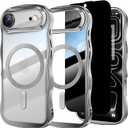 Misscase for iPhone Air Case with Privacy Screen Protector,Compatible with MagSafe,Cute Wave Frame Anti-Scratch Case with Camera Lens Protector Plating Bling Case for iPhone 17 Air Silver