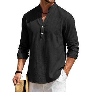 TAFLE Mens Linen Henley Shirts Casual Long Sleeve Hippie Yoga Tops Lightweight Summer Beach T-Shirt Black (Black, L)