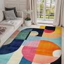 5x7 Colorful Area Rug Modern Abstract Orange Yellow Pink Blue White Beige Black Bedroom Rug Low Pile Thin Large Carpet Living Room Non Slip Dining Room Stain Resistant Office Washable Machine