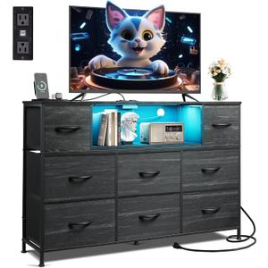 WLIVE Black Dresser TV Stand for 45, 50, 55 inch TV, Entertainment Center with LED Lights & Charging Station, Chest of Drawers with 8 Fabric Drawers and Open Shelves for Living Room, Hallway, Wood Top, 11.73"d X 47.17"w X 26.38"h