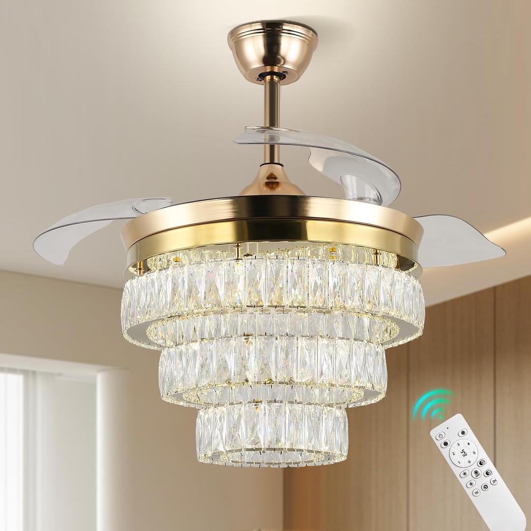 Finktonglan 42'' Dimmable Chandeliers Fan, Crystal Ceiling Fan with Lights with APP & Remote Control, Gold Fandelier Ceiling Fan, 3 Color Change, 6 Speed Reversible Fandeliers, Circulating Air Finktonglan 42'' Dimmable Chandeliers Fan, Crystal Ceiling Fan with Lights with APP & Remote Control, Gold Fandelier Ceiling Fan, 3 Color Change, 6 Speed Reversible Fandeliers, Circulating Air