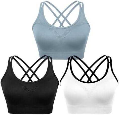WOYYHO Cross Back Sports Bra for Women Padded Strappy Yoga Bra Medium Support Workout Bra for Athletic Gym Fitness 3 Pack, XXLarge