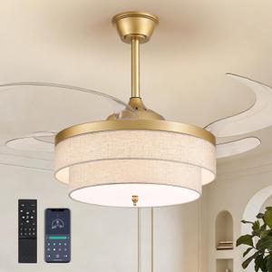 48" Gold Modern Ceiling Fans with Lights Boho Fandelier Retractable Ceiling Fan Light Dimmable Fabric Chandelier Fan for Living Room Dining Room Bedroom