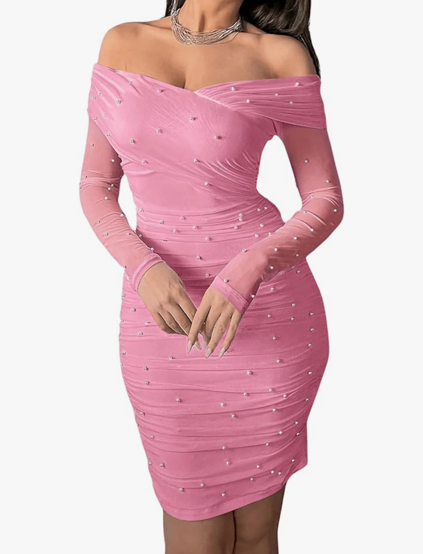 Milumia Women's Pearl Off Shoulder Long Sleeve Dress Ruched Mesh Bodycon Mini Dresses (size is approximately small or medium)