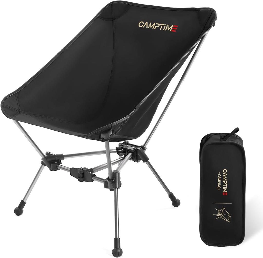 Camptime Portable Camping Chair, Lightweight Compact Backpacking Chair with Side Pocket, Wide Seat Folding Chair for Camping, Hiking, Beach - Supports 330Lbs, Black
