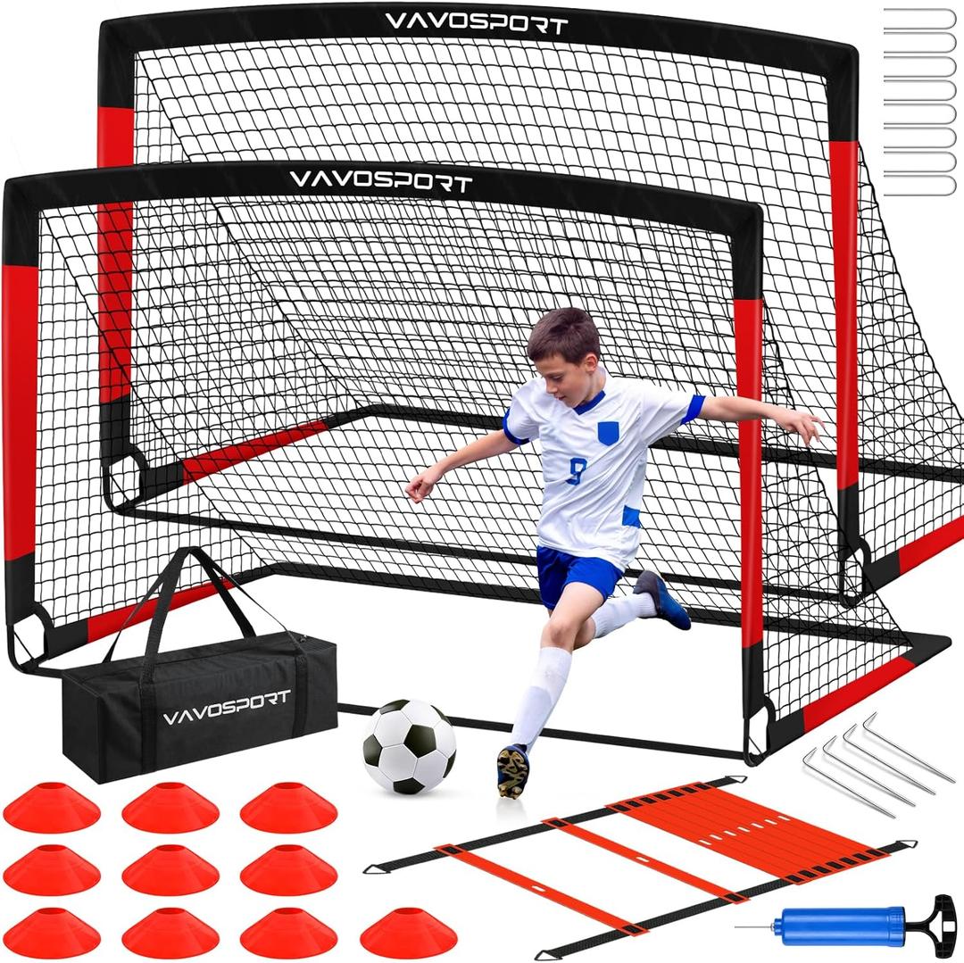 Kids Soccer Goals for Backyard Set, 2 of 6x4 ft Portable Pop Up Soccer Goal Training Equipment, Soccer Net with Soccer Ball, Ladder, Cones, Soccer Set for Youth Toddler Games, Sports (Black & Red)