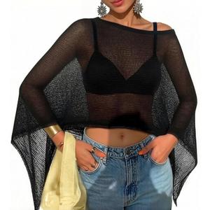 Moss Rose Women's Sheer Poncho Top Lightweight Knit Crochet Cover Up (Black)