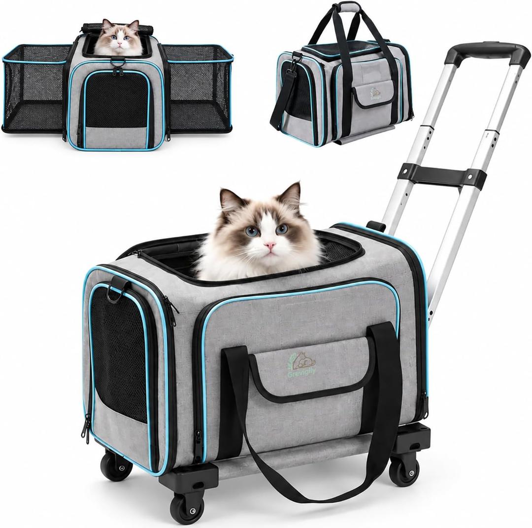 Cat Carrier with Wheels, Airline Approved Rolling Pet Carrier