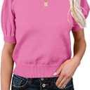 Womens Puff Short Sleeve Sweater Tops Crewneck Basic Knit Pullover Lightweight Solid Casual Sweaters Blouse, Medium