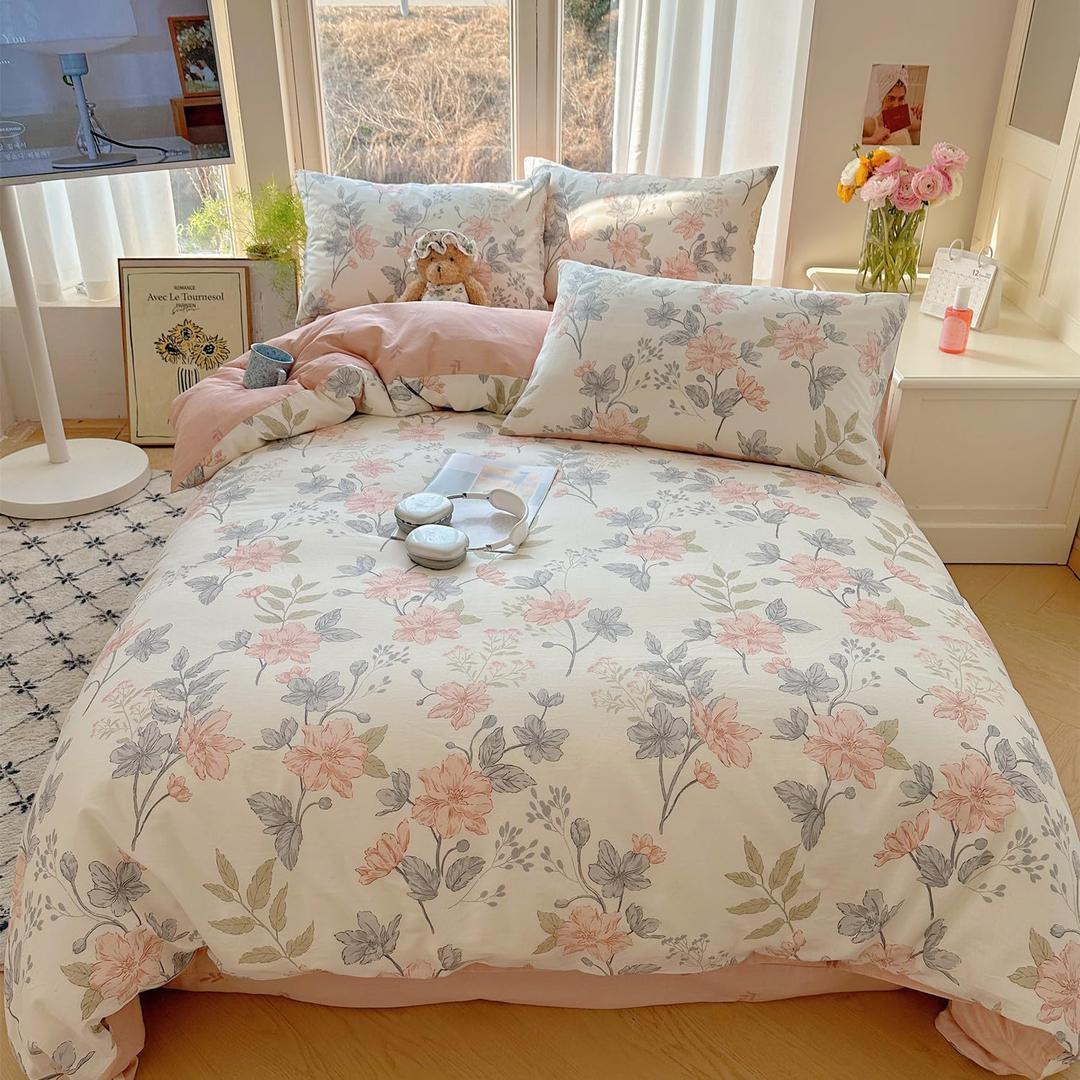 100% Cotton Floral Duvet Cover Set 3 PCS Chic Garden Bedding Set Queen Reversible Floral Comforter Cover Soft Breathable for All Seasons (Flowers Sea,Queen)