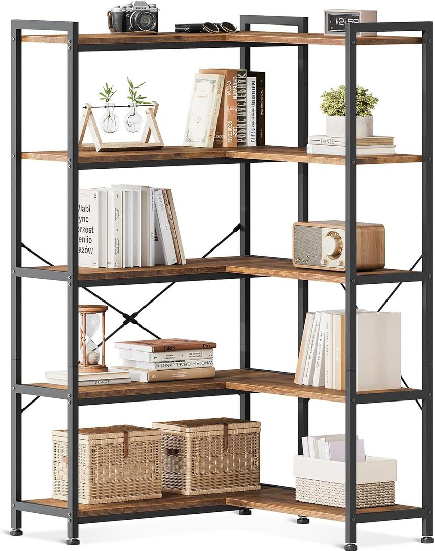 Casaottima Corner Bookshelf 5 Tier, 57 Inches Reversible Book Shelf for Living Room, Industrial Wooden Bookcase with Open Shelves and Metal Frame for Bedroom, Home Office, Kitchen, Rustic Brown (Vintage)