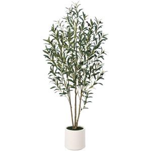 Artificial Olive Tree 5ft, Tall Faux Olive Tree with White Planter, UV-Resistant Fake Plants for Indoor and Outdoor Decor, Realistic Potted Plants for Home, Office & Living Room Decor VN158 (Green)
