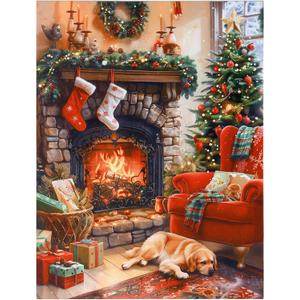 SOFFEE DESIGN 12x16 Christmas LED Canvas Print Wall Decor, Golden Retriever Fireplace Stockings, 4 LEDs Fiber Optic Lights, Pet Lover Gift for Family Room