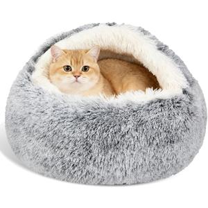 MADDEMCUTE Calming Dog & Cat Cave Bed With Hooded Cover, Removable Washable Round for Small Medium Pets, Anti-Slip Faux Fur Fluffy Coved for Improved Sleep, Fits up to 15/25 lbs (Grey, S) (20.00" x 20.00" x 8.00")