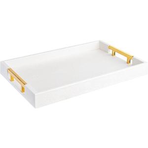 Modern Elegant 18"x12" Rectangle Glossy Faux Leather Shagreen White Decorative Serving Tray with Gold Polished Metal Handles for Ottoman Coffee Table Perfume (White/Gold)
