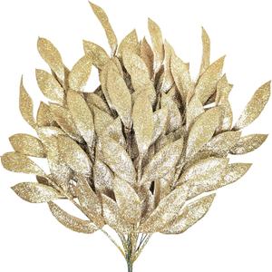 Winlyn 20 Pcs Christmas Artificial Leaf Sprays Champagne Glittered Bay Leaf Picks 12" Tall Christmas Tree Picks Decorations for Champagne Christmas Tree Wreath Centerpieces Seasonal Floral Arrangement