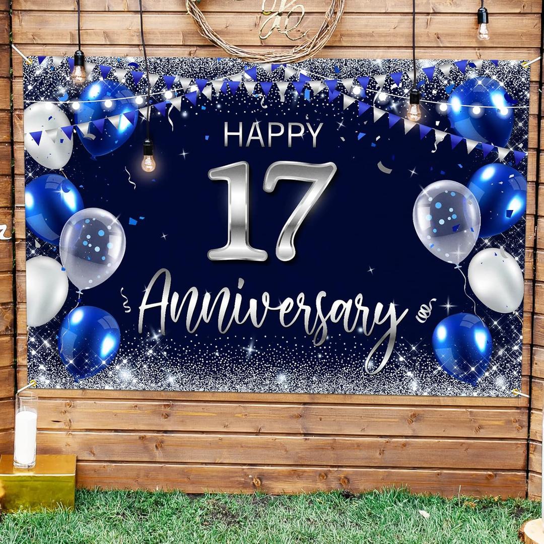 Happy 17th Anniversary Backdrop Banner Decor Navy Blue  Silver Glitter Happy 17 Years Wedding Anniversary Party Theme Decorations for Women Men Supplies