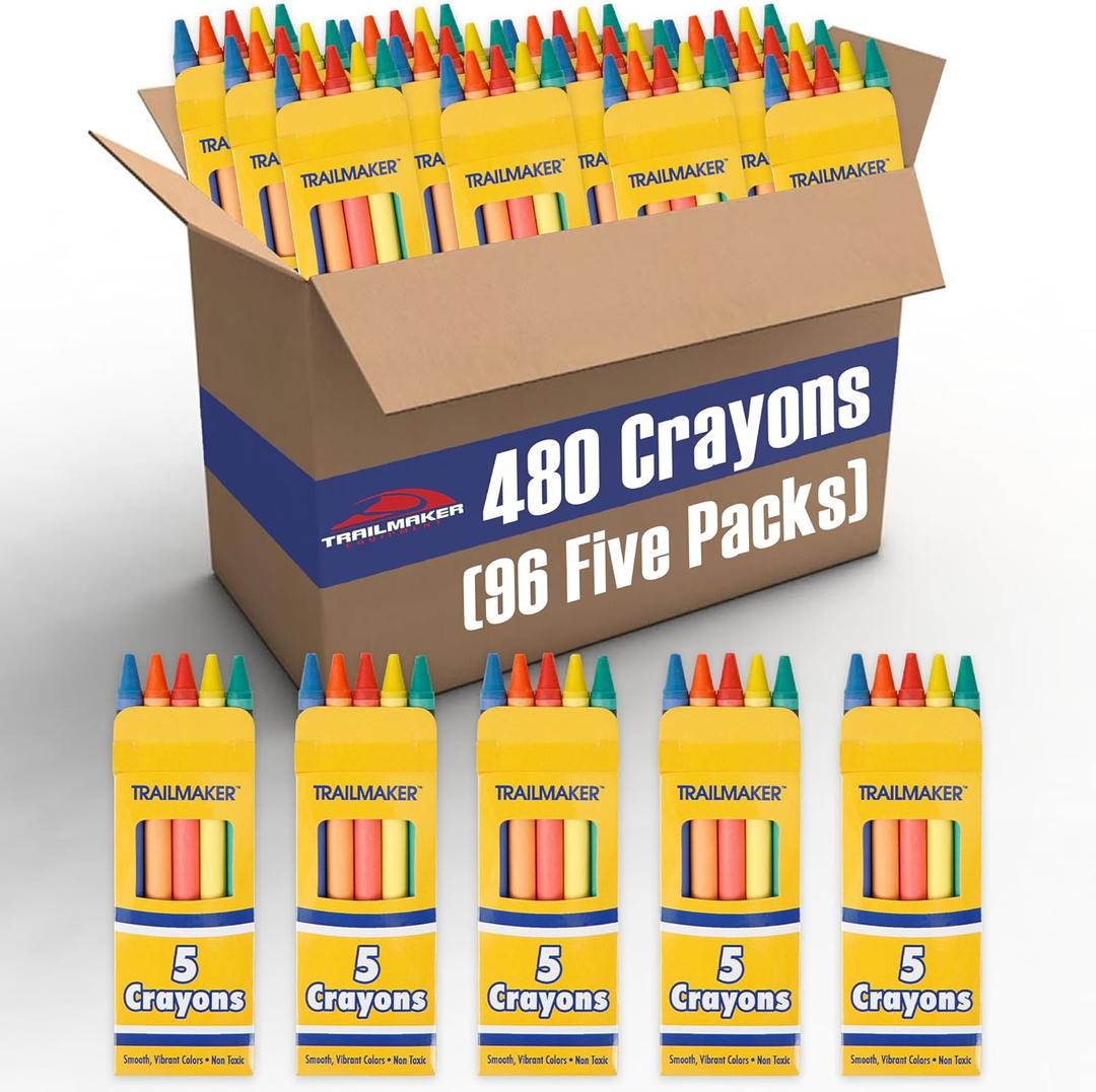 Trail maker Wholesale Bright Wax Coloring Crayons in Bulk 96 Pack Crayons, 5 Per Box in Assorted Bundle Art Sets (96 Pack)